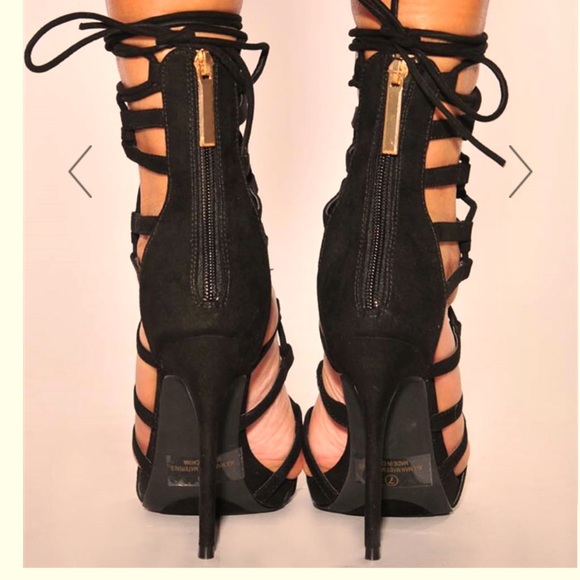 Black Faux Suede Crisscross Lace Up High Heels - Picture 3 of 9